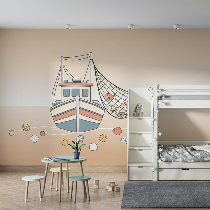 Papel de parede quarto bebê | Ribolovna ladja in školjke na nežnem ozadju
