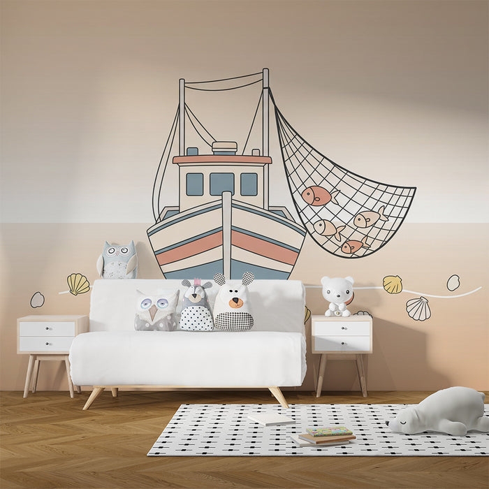 Papel de parede quarto bebê | Ribolovna ladja in školjke na nežnem ozadju