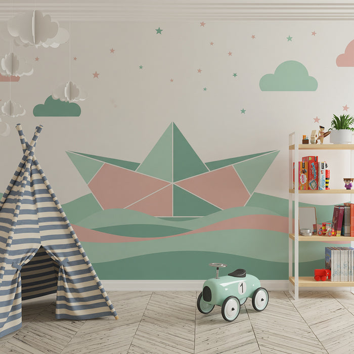 Papier peint chambre bébé | Bateau en origami sur des vagues pastel