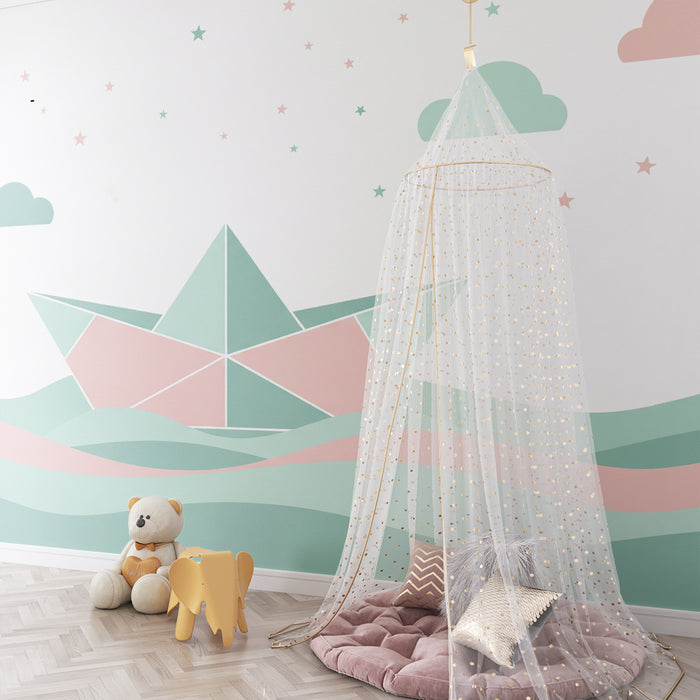 Papier peint chambre bébé | Bateau en origami sur des vagues pastel