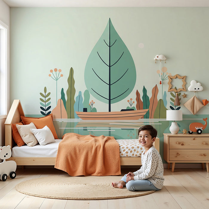 Papier peint chambre bébé | Bateau paisible et feuillage coloré sur un lac serein