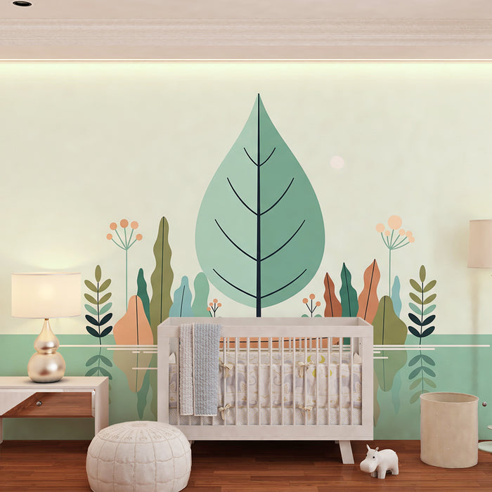 Papier peint chambre bébé | Bateau paisible et feuillage coloré sur un lac serein