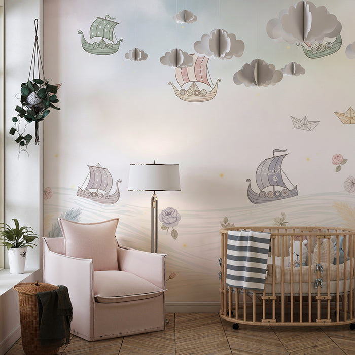 Babykamer behang | Kleurrijke boten en delicate bloemen op een rustgevende achtergrond