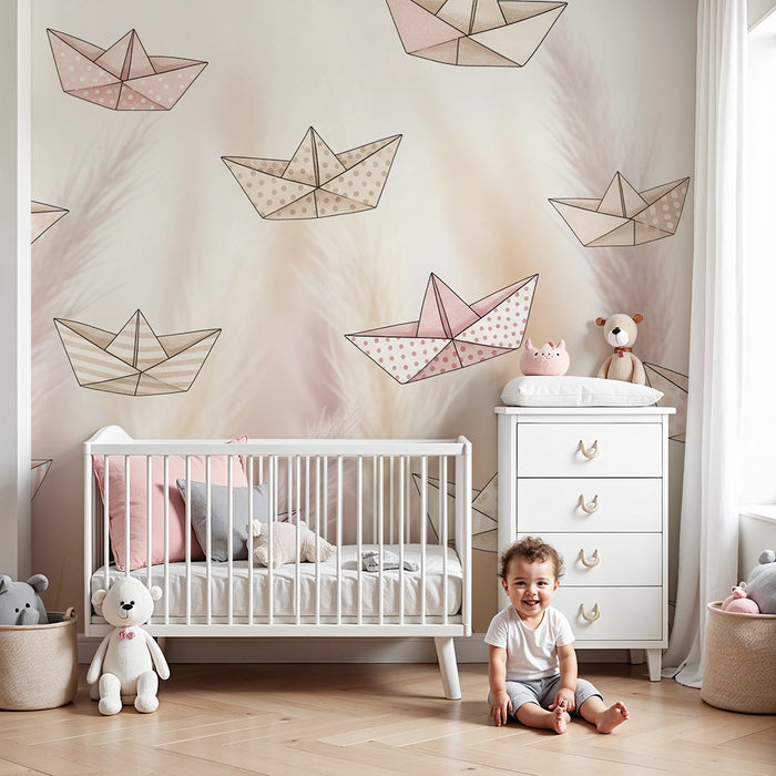 Lastenhuoneen tapetti | Origamivenheitä pehmeällä ja luonnollisella taustalla