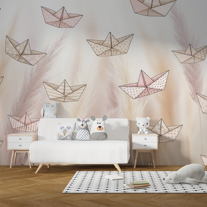 Lastenhuoneen tapetti | Origamivenheitä pehmeällä ja luonnollisella taustalla