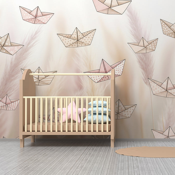 Lastenhuoneen tapetti | Origamivenheitä pehmeällä ja luonnollisella taustalla