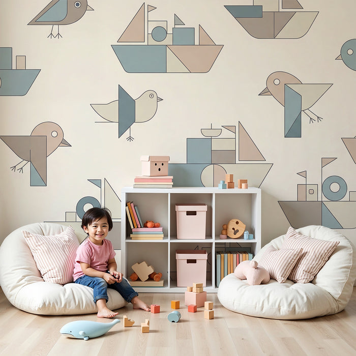 Χαρτί τοίχου για το δωμάτιο του μωρού | Γεωμετρικά πλοία και πουλιά σε απαλούς τόνους
