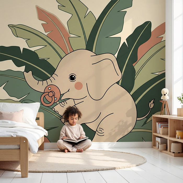 Babykamer behang | Baby olifant te midden van tropische bladeren