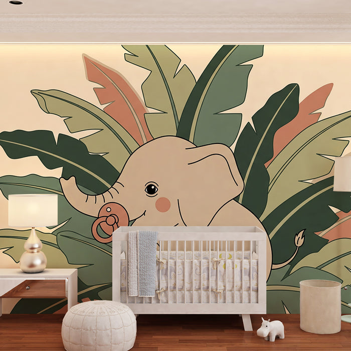 Babykamer behang | Baby olifant te midden van tropische bladeren