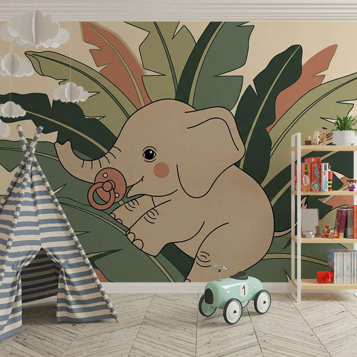 Babykamer behang | Baby olifant te midden van tropische bladeren