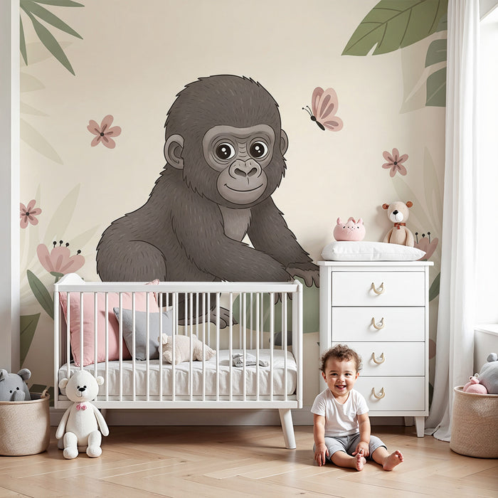 Vægbeklædning til babys værelse | Babygorilla i en blomstrende jungle