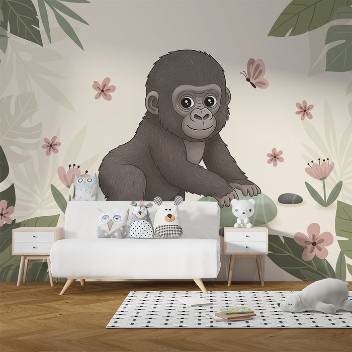 Vægbeklædning til babys værelse | Babygorilla i en blomstrende jungle