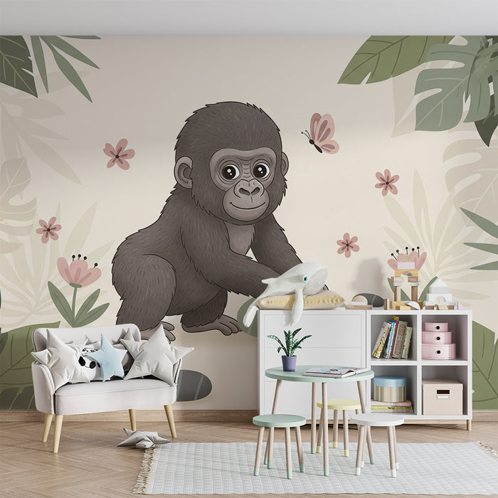 Vægbeklædning til babys værelse | Babygorilla i en blomstrende jungle