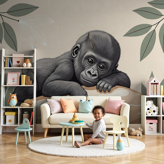 Papier peint chambre bébé | Bébé gorille sur un rocher avec feuillage tropical