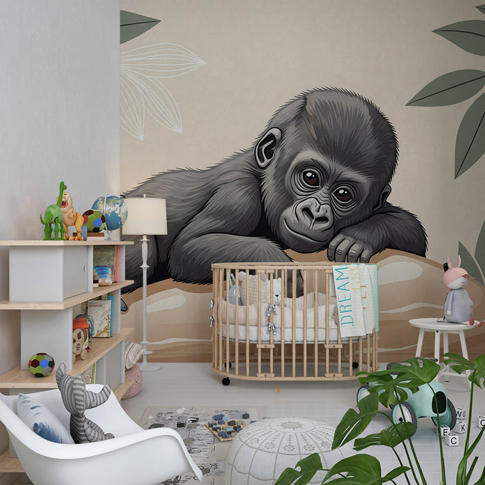 Papier peint chambre bébé | Bébé gorille sur un rocher avec feuillage tropical