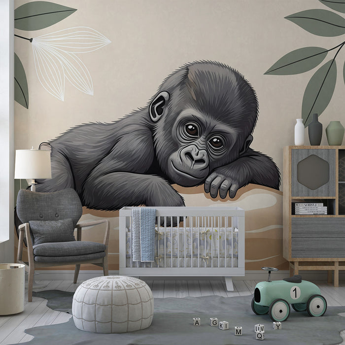 Papier peint chambre bébé | Bébé gorille sur un rocher avec feuillage tropical
