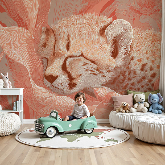 Tapet za bebe sobu | Spava beba gepard među delikatnim cvjetovima