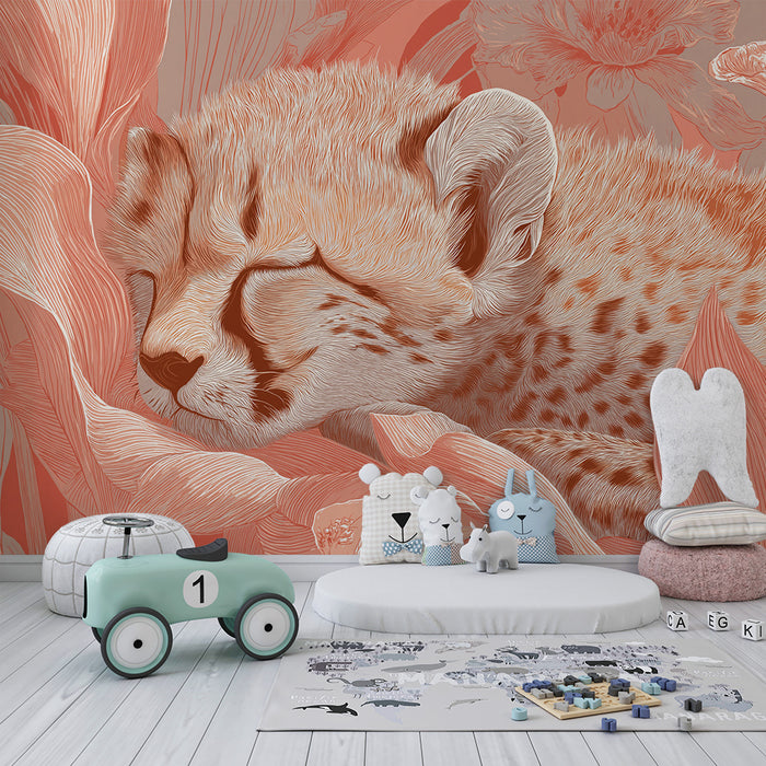 Tapet za bebe sobu | Spava beba gepard među delikatnim cvjetovima