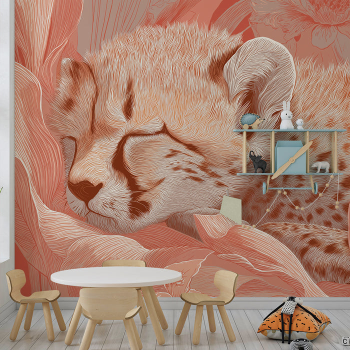 Tapet za bebe sobu | Spava beba gepard među delikatnim cvjetovima