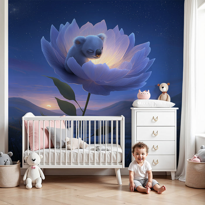 Lastenhuoneen tapetti | Nukkuva vauvakoala kirkkaan kukkasen alla tähtitaivaan alla