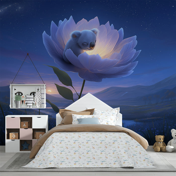 Lastenhuoneen tapetti | Nukkuva vauvakoala kirkkaan kukkasen alla tähtitaivaan alla