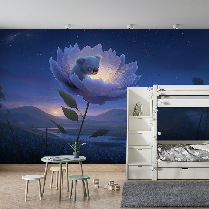 Lastenhuoneen tapetti | Nukkuva vauvakoala kirkkaan kukkasen alla tähtitaivaan alla