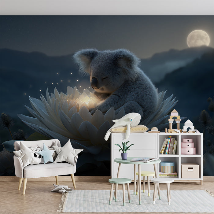 Papel de parede quarto bebê | Bebê coalas em uma flor de lótus sob a lua