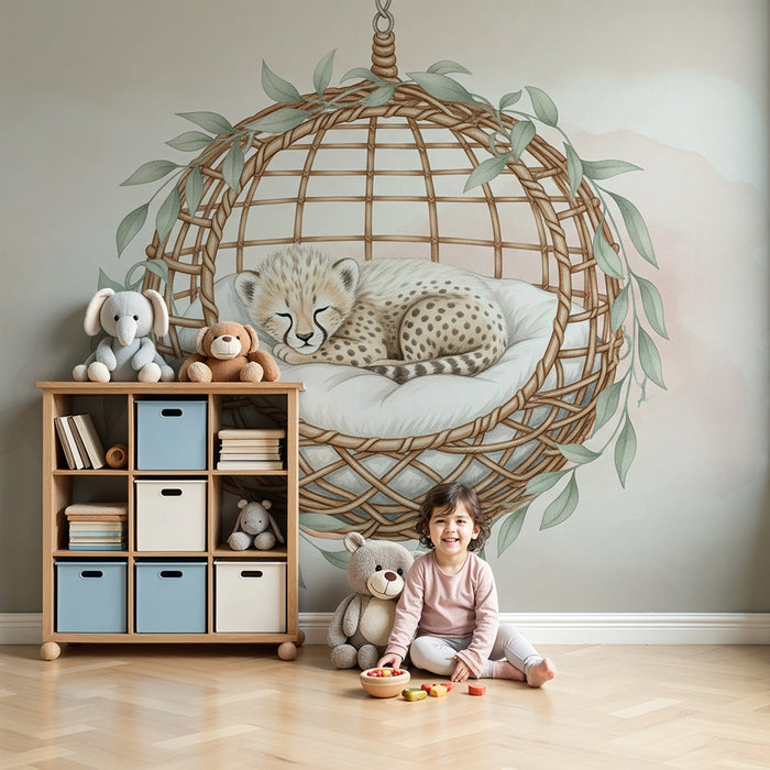 Papel de parede quarto bebê | Bebê leopardo em seu ninho aconchegante