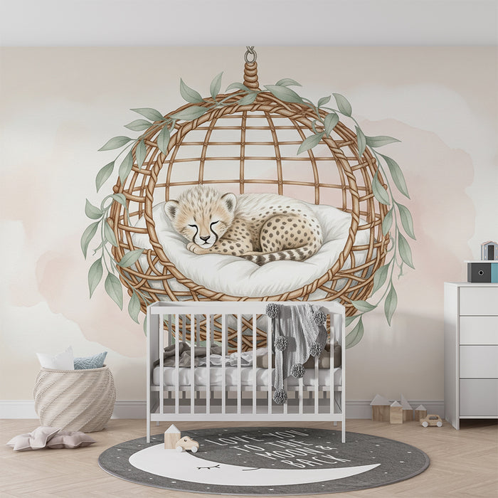 Papel de parede quarto bebê | Bebê leopardo em seu ninho aconchegante