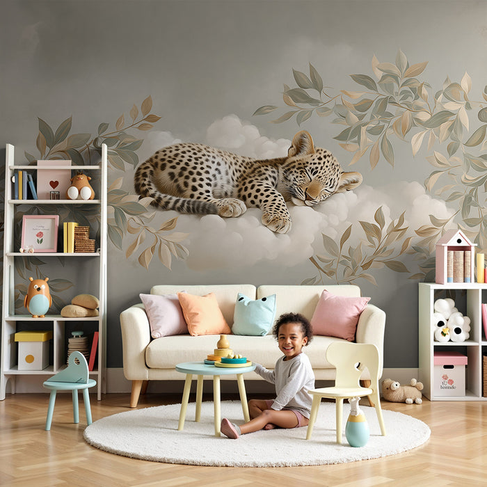 Papier peint chambre bébé | Bébé léopard dormant sur un nuage avec feuillage délicat