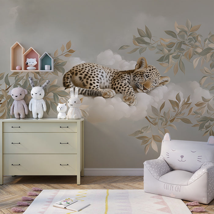 Papier peint chambre bébé | Bébé léopard dormant sur un nuage avec feuillage délicat