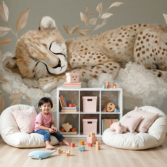 Lastenhuoneen tapetti | Nukkuva leopardivauva ympäröity pehmeällä lehdillä