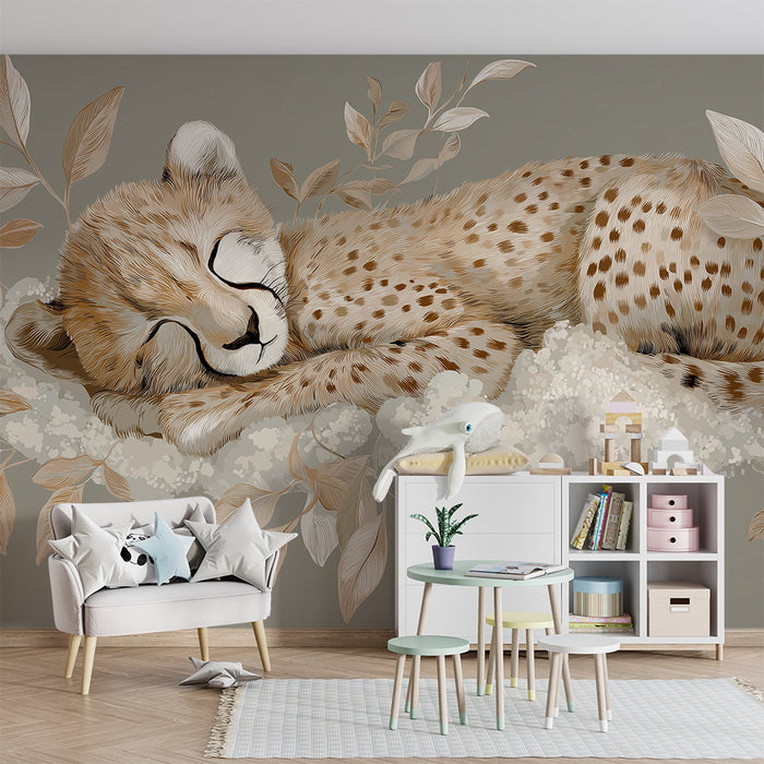 Lastenhuoneen tapetti | Nukkuva leopardivauva ympäröity pehmeällä lehdillä