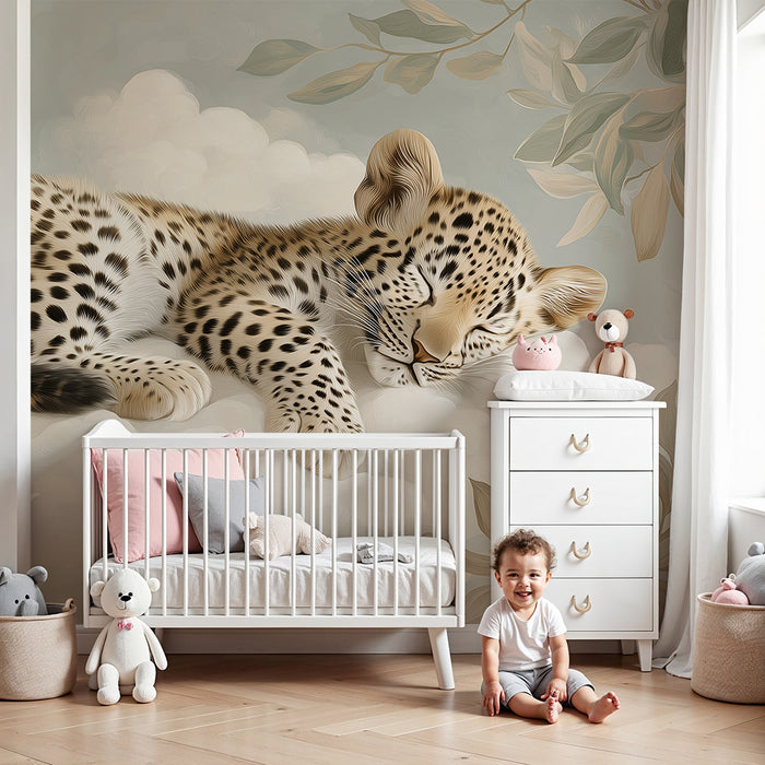 Papel de parede quarto bebê | Bebê leopardo dormindo em nuvens macias