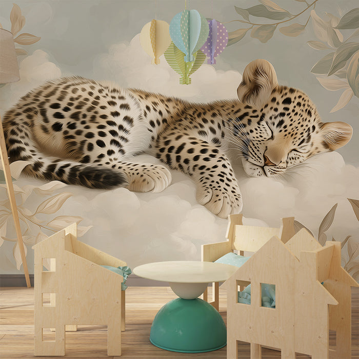 Papel de parede quarto bebê | Bebê leopardo dormindo em nuvens macias