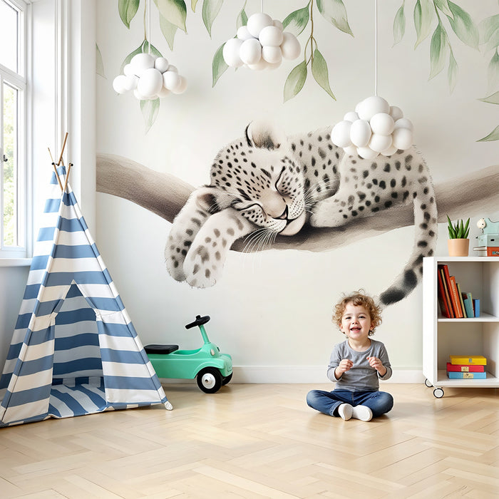 Babykamer behang | Slapende baby luipaard op tak