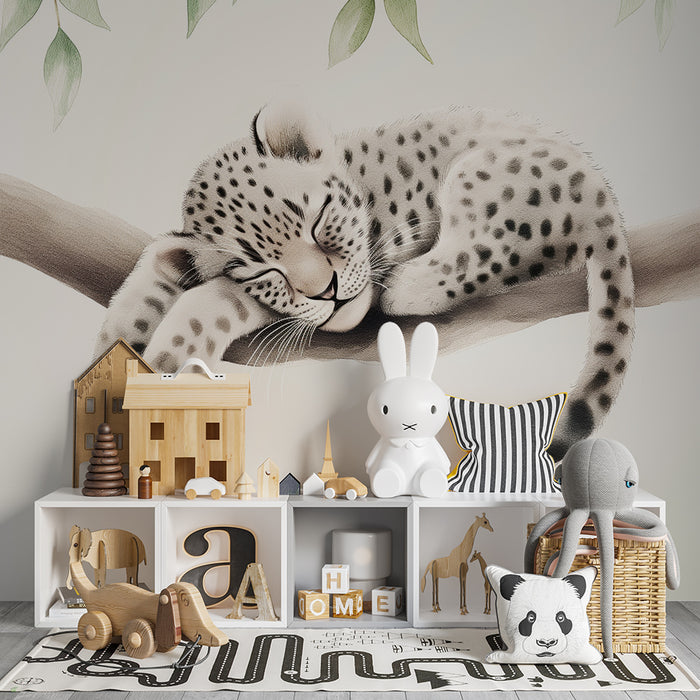 Babykamer behang | Slapende baby luipaard op tak