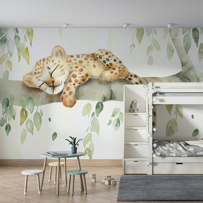 Børneværelse tapet | Sovende baby leopard på en gren med delikate blade