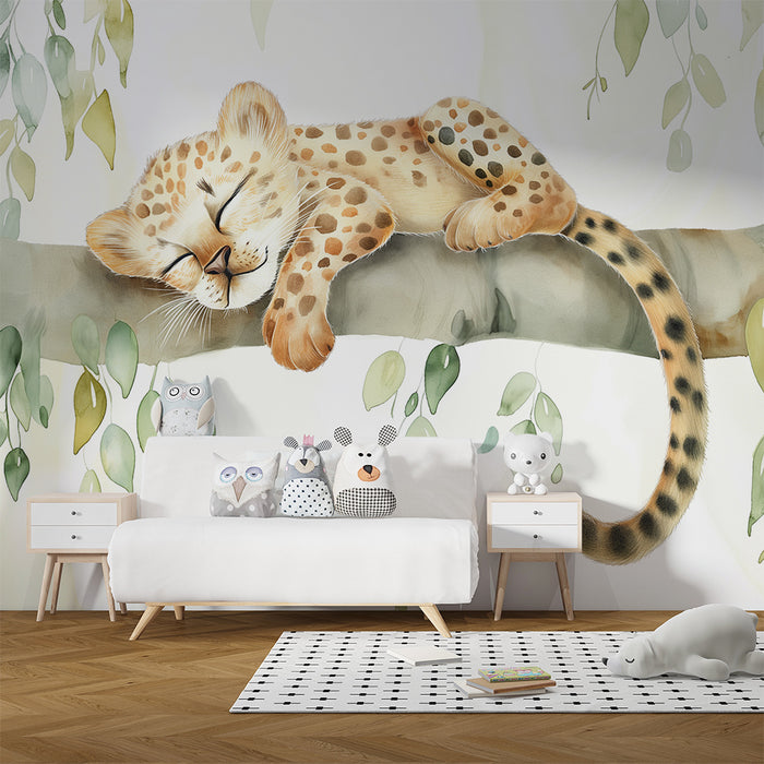 Børneværelse tapet | Sovende baby leopard på en gren med delikate blade