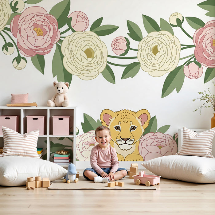 Tapet za bebe sobu | Beba lav okružen cvijećem