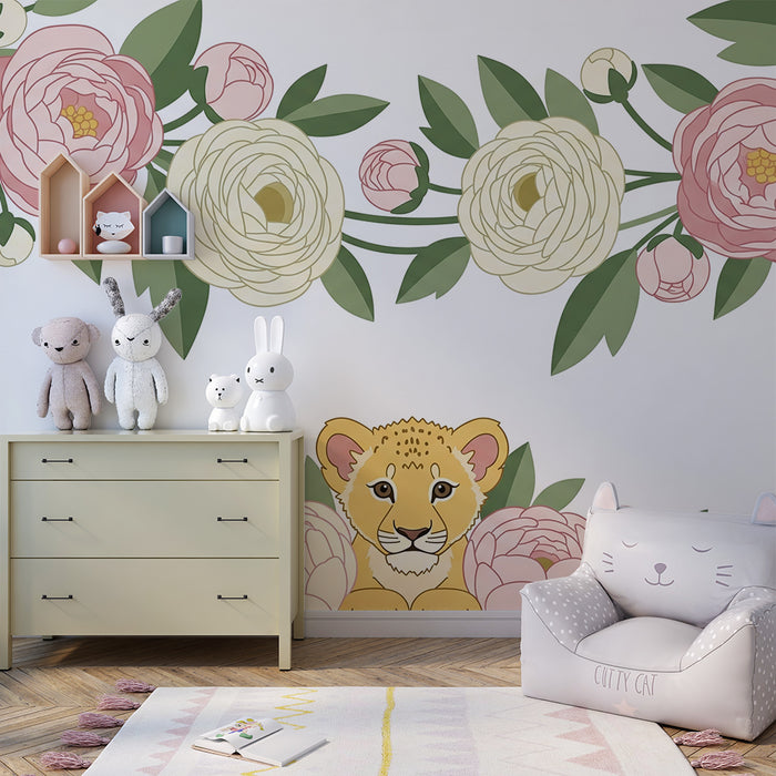 Tapet za bebe sobu | Beba lav okružen cvijećem