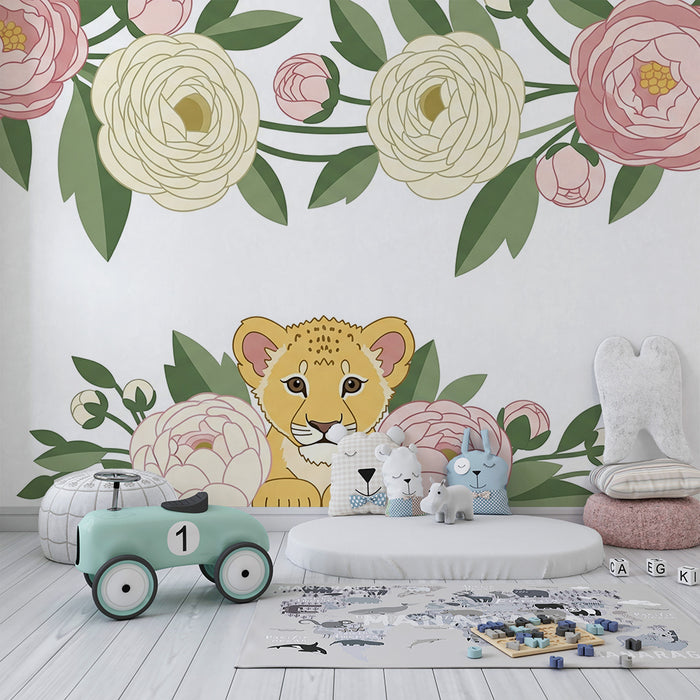 Tapet za bebe sobu | Beba lav okružen cvijećem