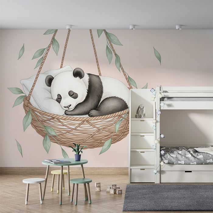 Papier peint chambre bébé | Bébé panda endormi dans son panier