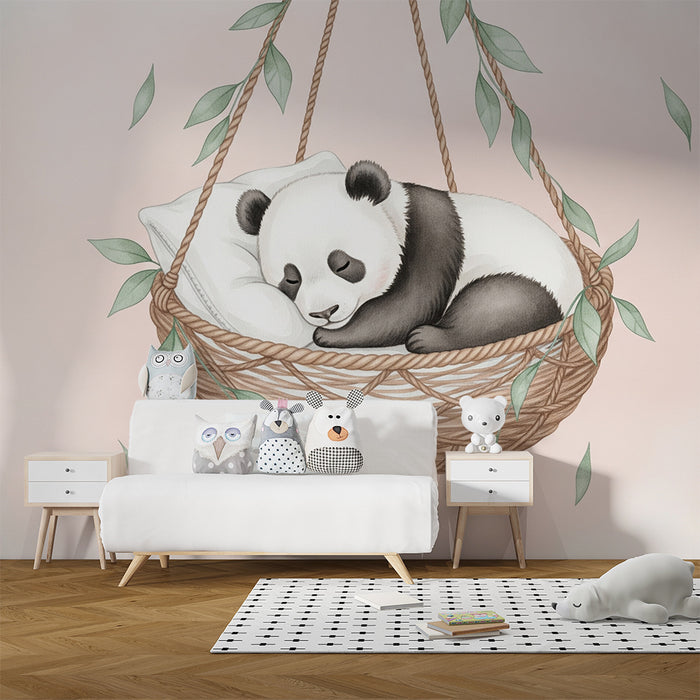 Papier peint chambre bébé | Bébé panda endormi dans son panier