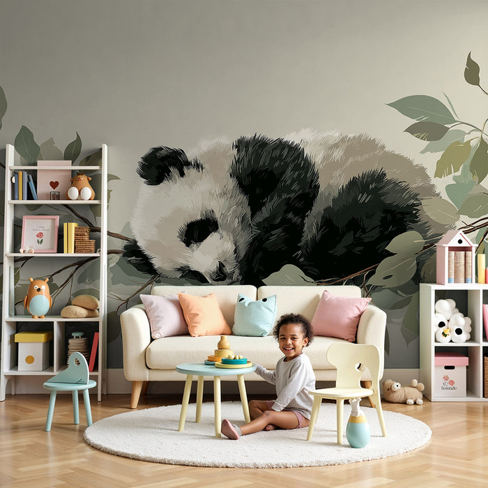 Papel de parede quarto bebê | Bebê panda a dormir num ramo com folhas suaves