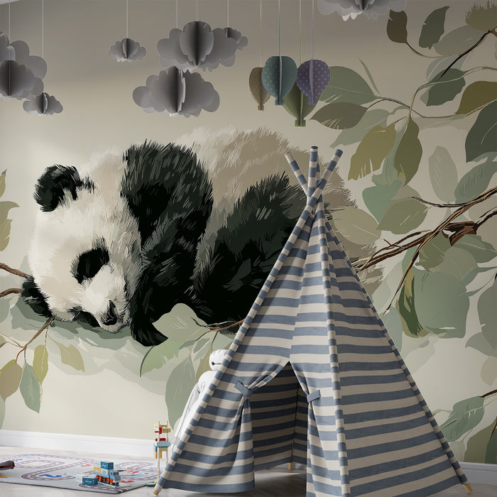 Papel de parede quarto bebê | Bebê panda a dormir num ramo com folhas suaves