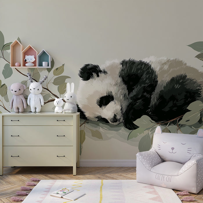 Papel de parede quarto bebê | Bebê panda a dormir num ramo com folhas suaves