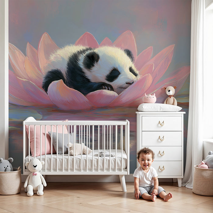 Papier peint chambre bébé | Bébé panda endormi sur une fleur de lotus