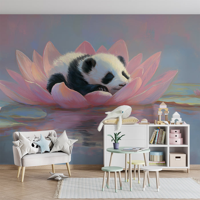 Papier peint chambre bébé | Bébé panda endormi sur une fleur de lotus