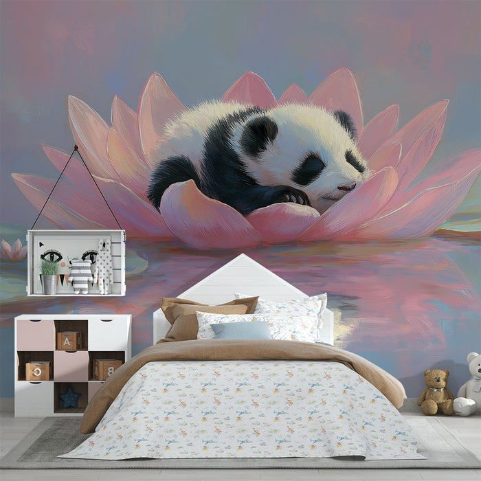 Papier peint chambre bébé | Bébé panda endormi sur une fleur de lotus